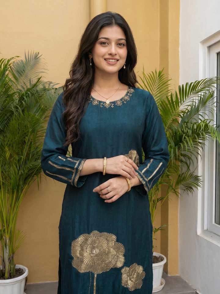 Teal Blue Embroidered Cotton Blend Round Neck Suit Set