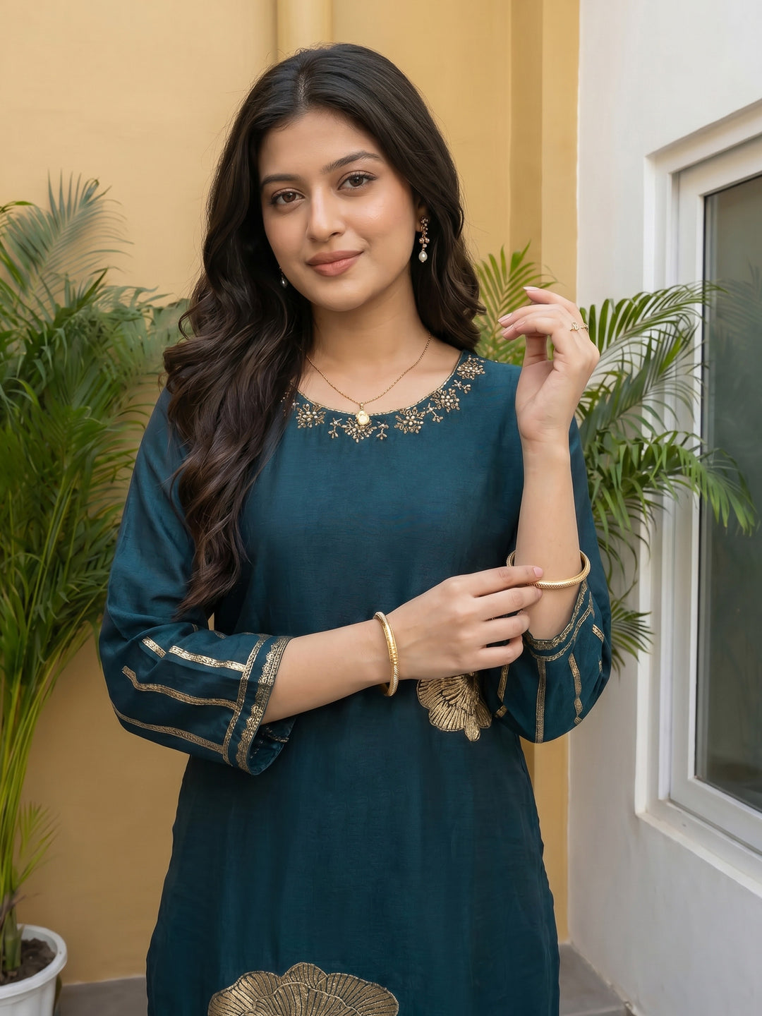 Teal Blue Embroidered Cotton Blend Round Neck Suit Set
