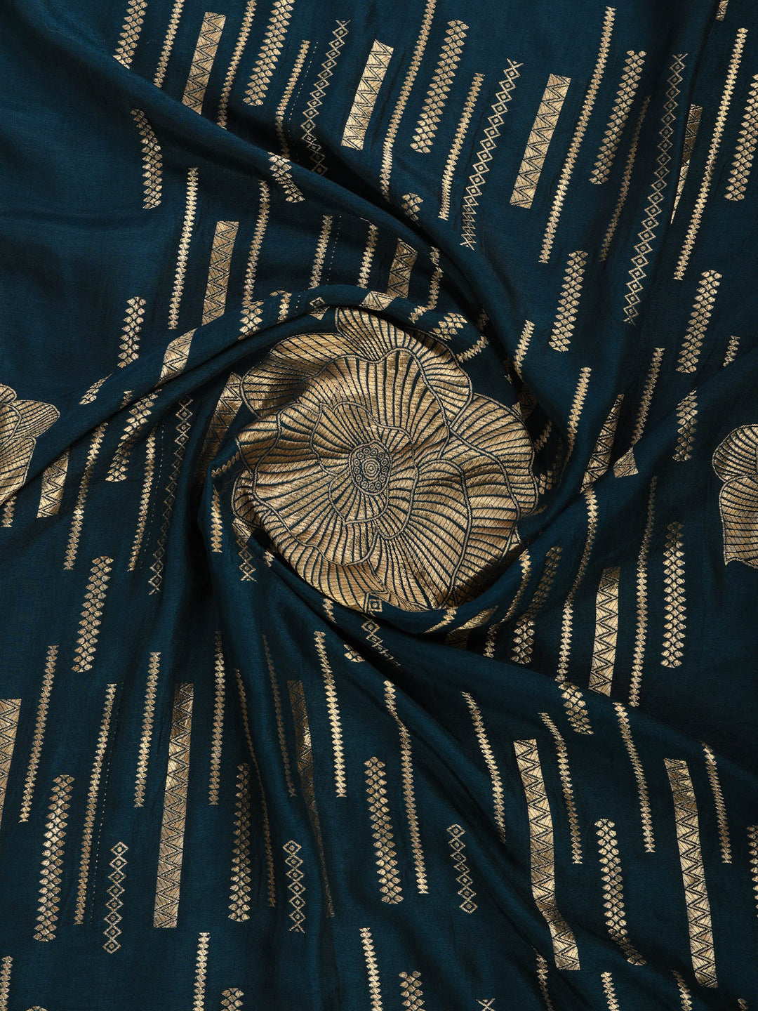 Teal Blue Embroidered Cotton Blend Round Neck Suit Set