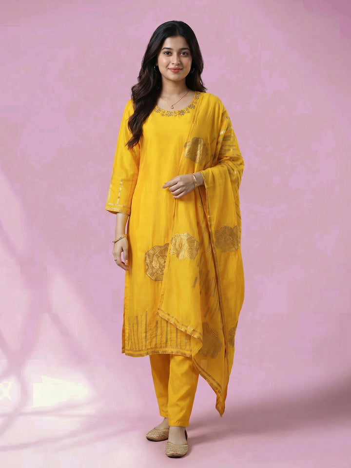Yellow Embroidered Cotton Blend Round Neck Suit Set