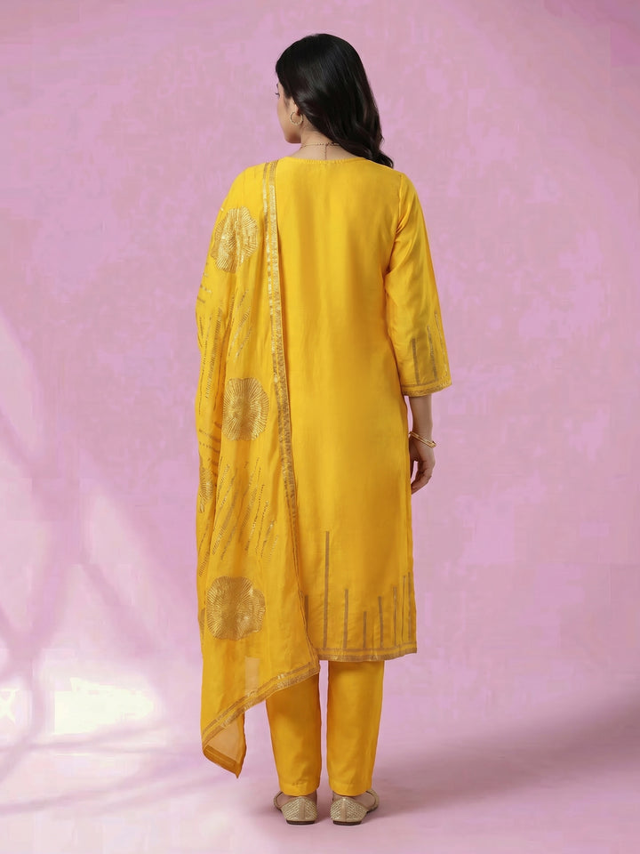 Yellow Embroidered Cotton Blend Round Neck Suit Set