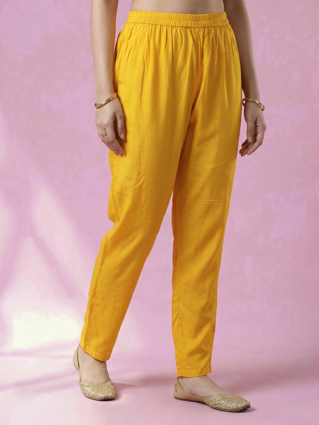 Yellow Embroidered Cotton Blend Round Neck Suit Set
