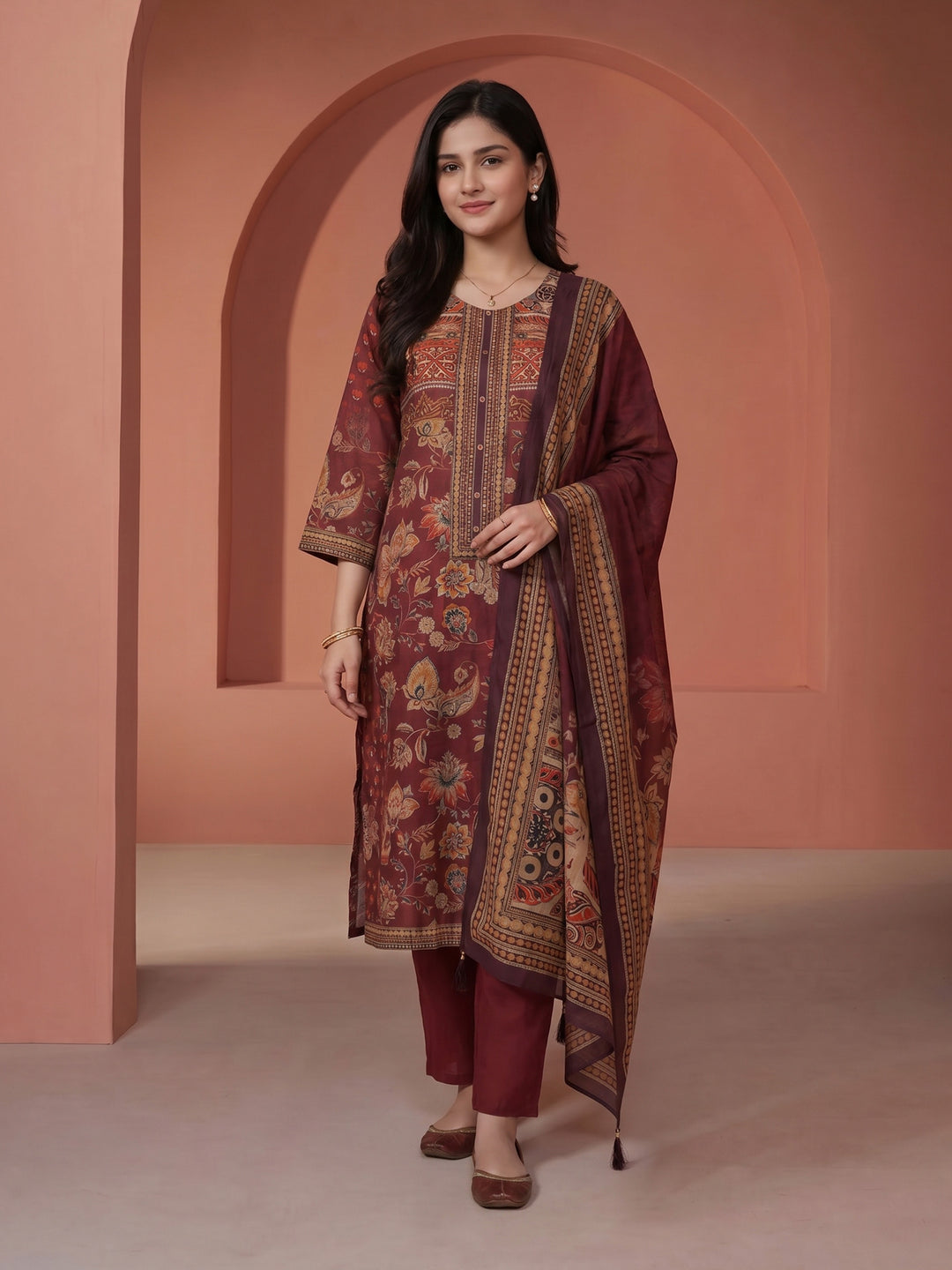 Wine Printed Cotton Blend Round Neck Suit Set