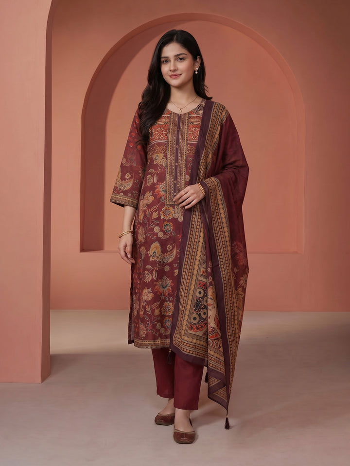 Wine Printed Cotton Blend Round Neck Suit Set