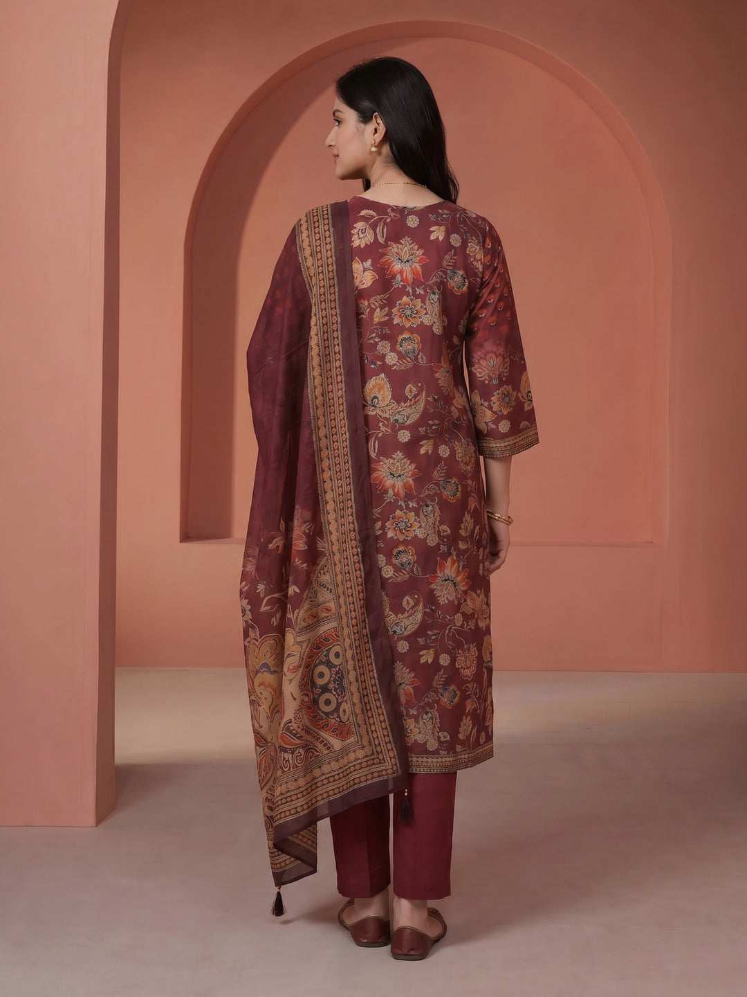 Wine Printed Cotton Blend Round Neck Suit Set