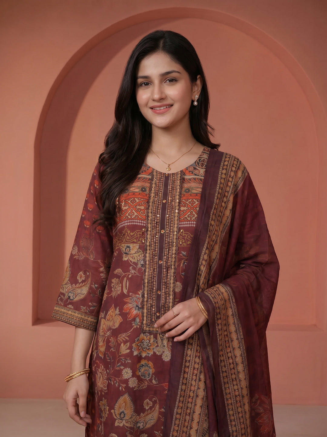 Wine Printed Cotton Blend Round Neck Suit Set