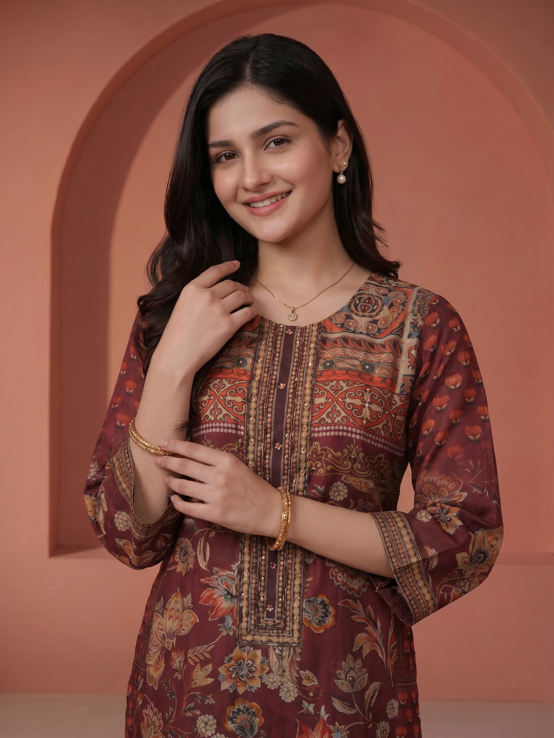 Wine Printed Cotton Blend Round Neck Suit Set