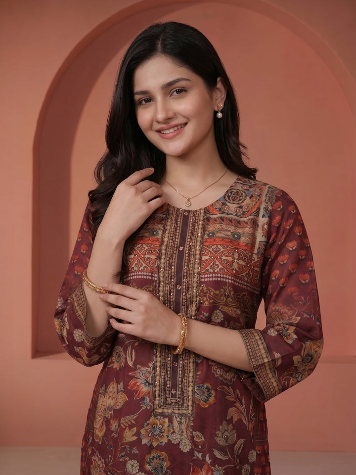 Wine Printed Cotton Blend Round Neck Suit Set