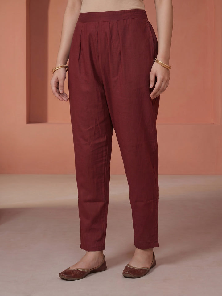 Wine Printed Cotton Blend Round Neck Suit Set