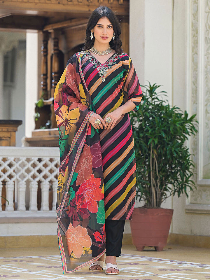 Multi-Colored Embroidered Organza Kurta With Pant &amp; Dupatta