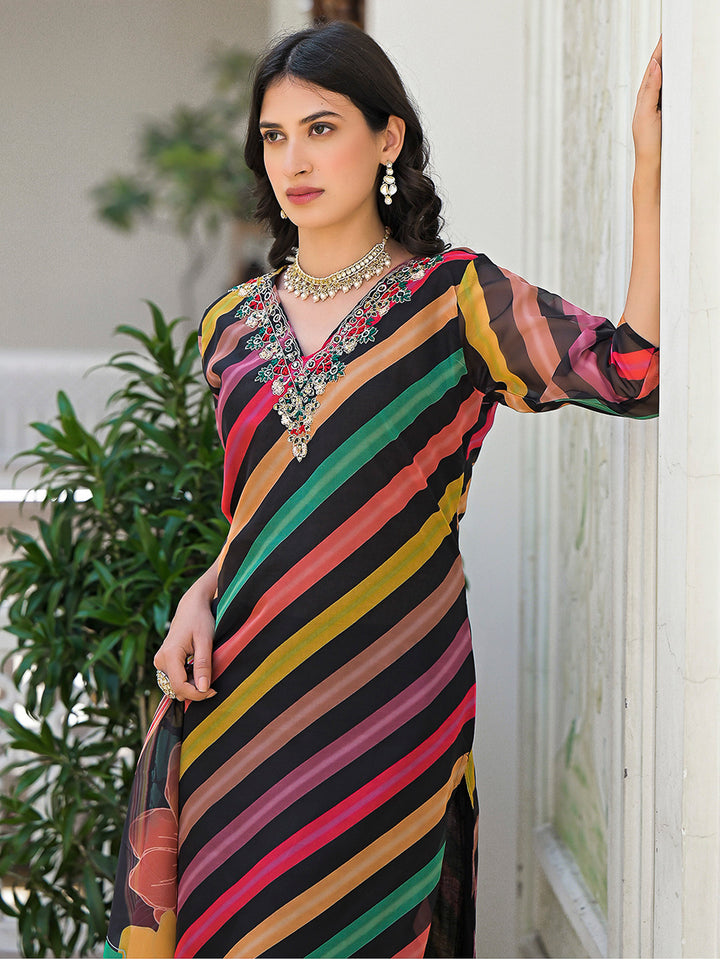 Multi-Colored Embroidered Organza Kurta With Pant &amp; Dupatta