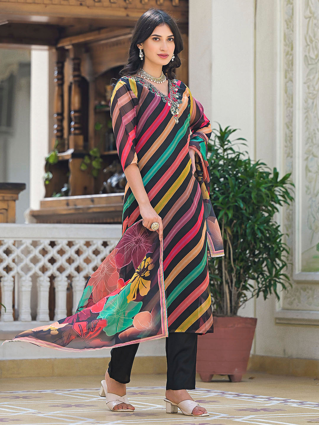 Multi-Colored Embroidered Organza Kurta With Pant &amp; Dupatta