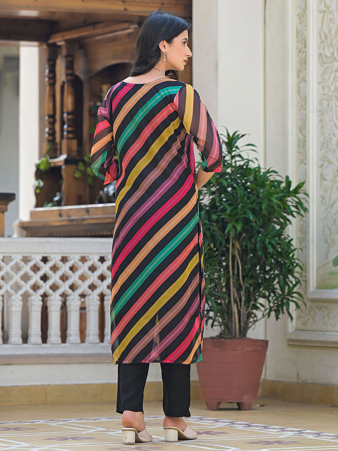 Multi-Colored Embroidered Organza Kurta With Pant &amp; Dupatta