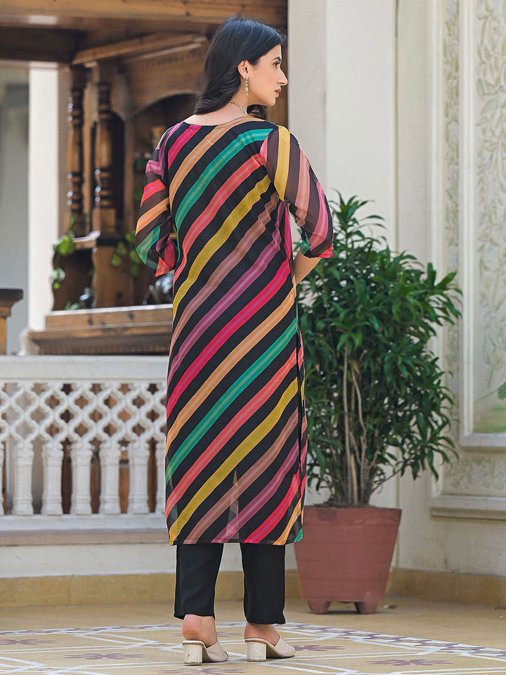 Multi-Colored Embroidered Organza Kurta With Pant &amp; Dupatta