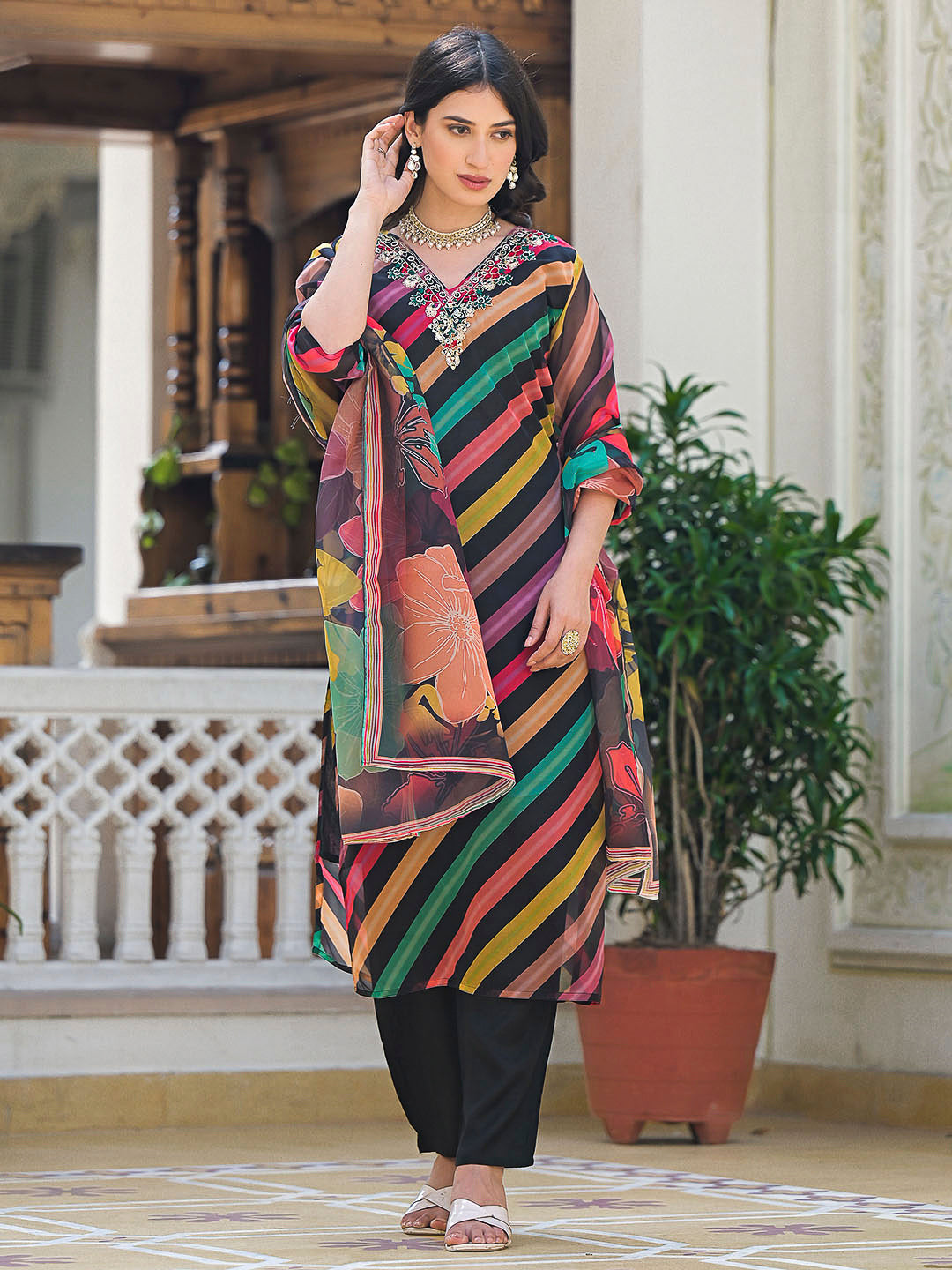 Multi-Colored Embroidered Organza Kurta With Pant &amp; Dupatta