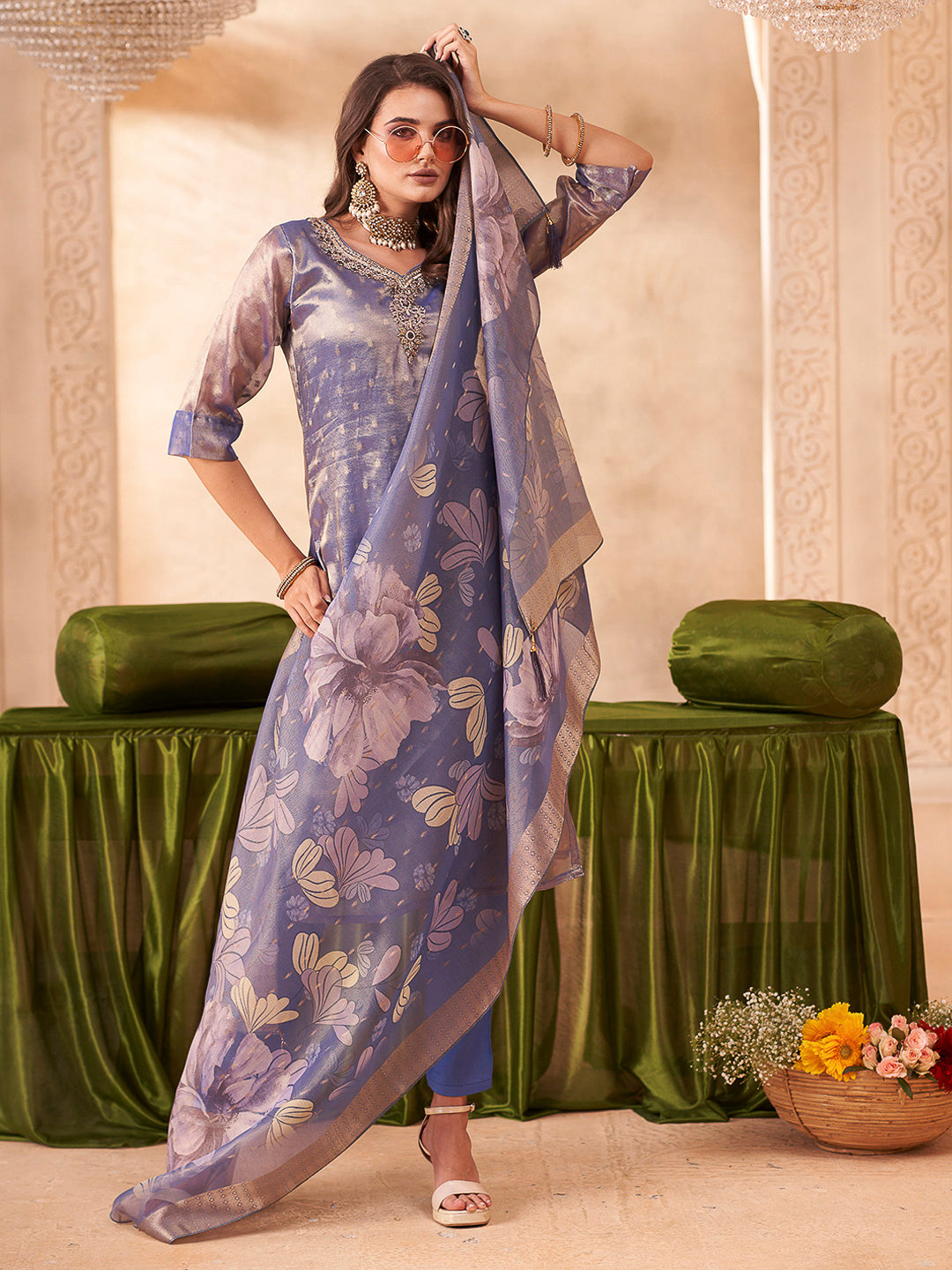 Blue Embroidered Art Silk Kurta With Pant &amp; Dupatta