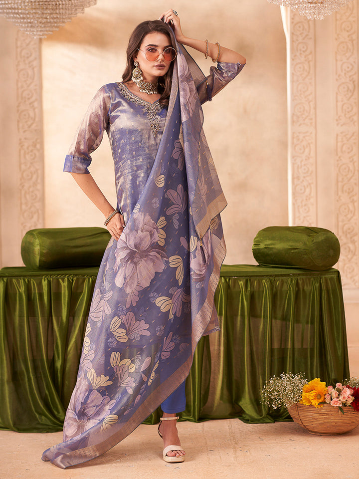Blue Embroidered Art Silk Kurta With Pant &amp; Dupatta