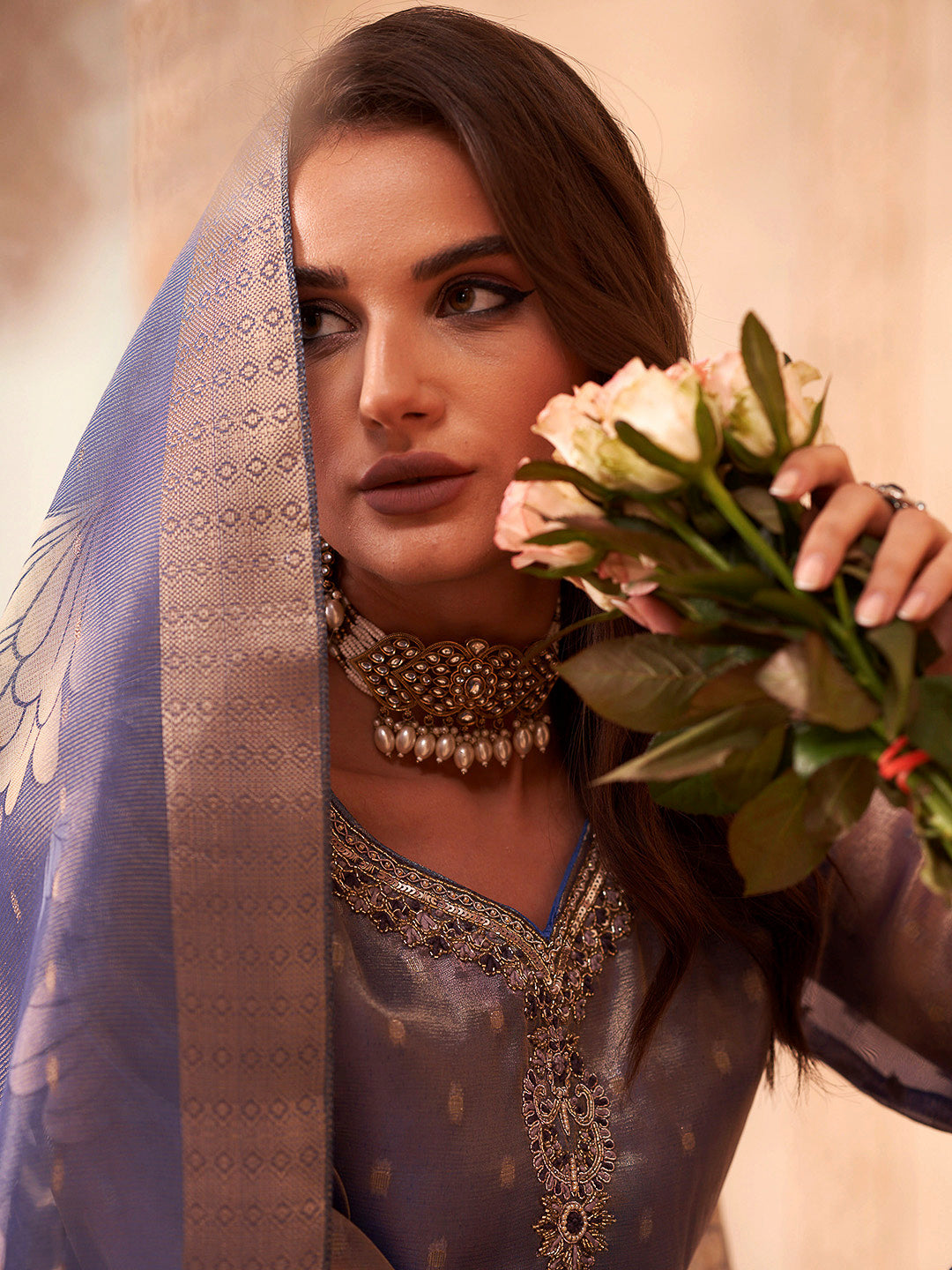 Blue Embroidered Art Silk Kurta With Pant &amp; Dupatta