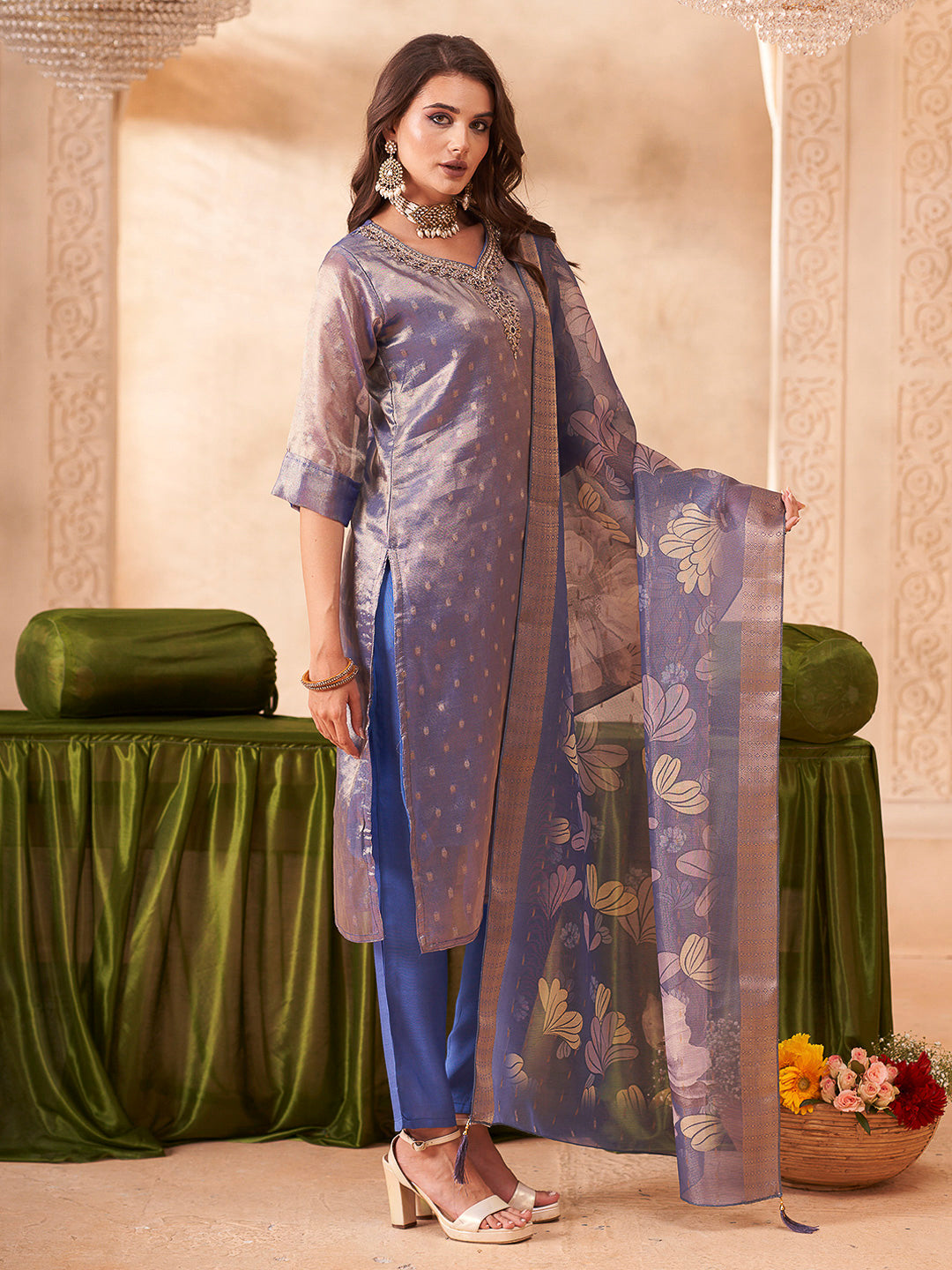 Blue Embroidered Art Silk Kurta With Pant &amp; Dupatta