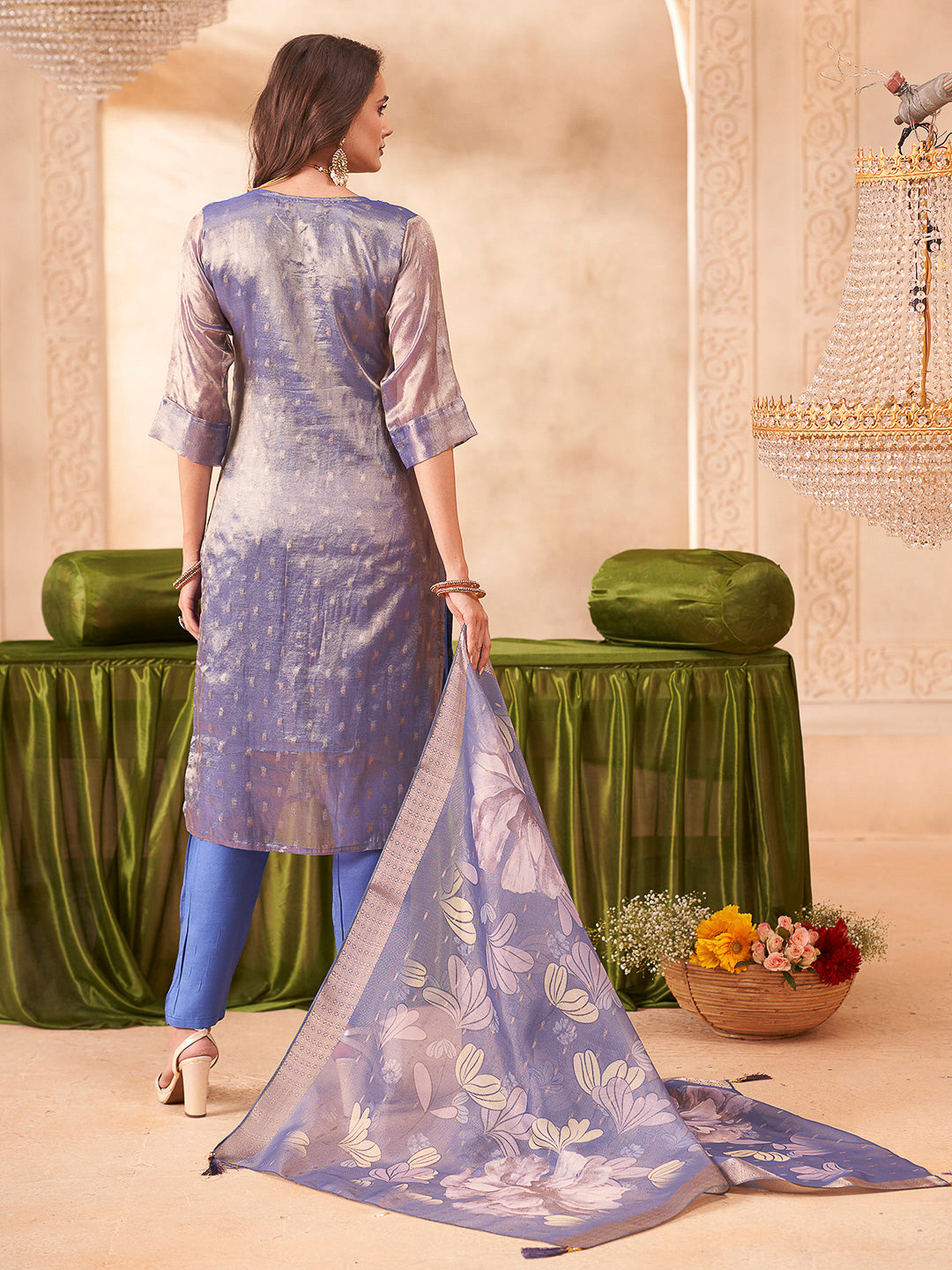 Blue Embroidered Art Silk Kurta With Pant &amp; Dupatta