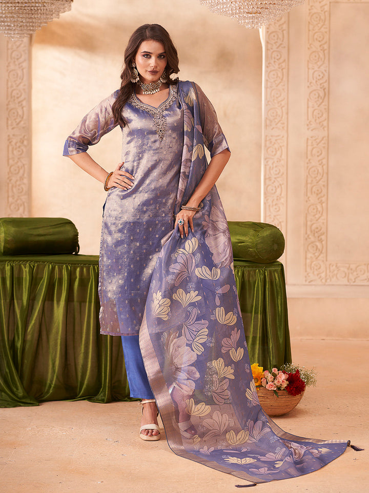 Blue Embroidered Art Silk Kurta With Pant &amp; Dupatta