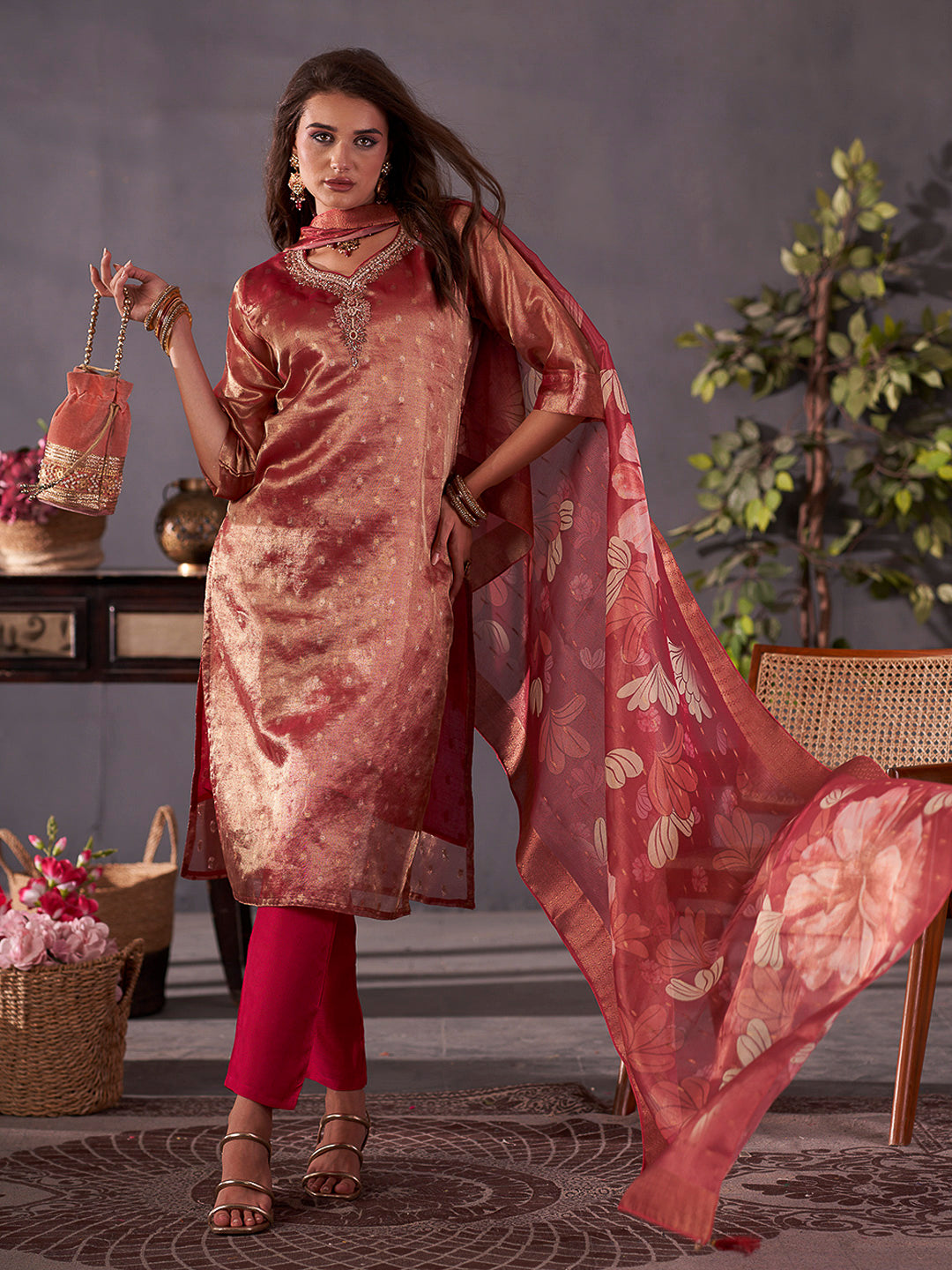 Maroon Embroidered Art Silk Kurta With Pant &amp; Dupatta