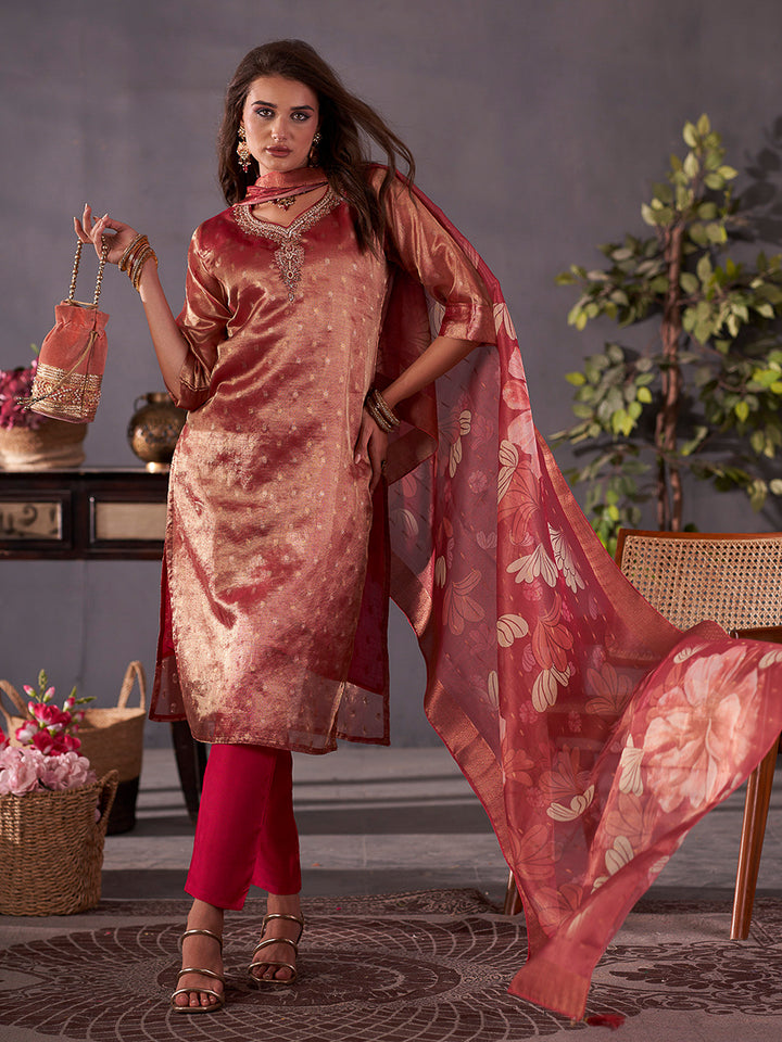 Maroon Embroidered Art Silk Kurta With Pant &amp; Dupatta