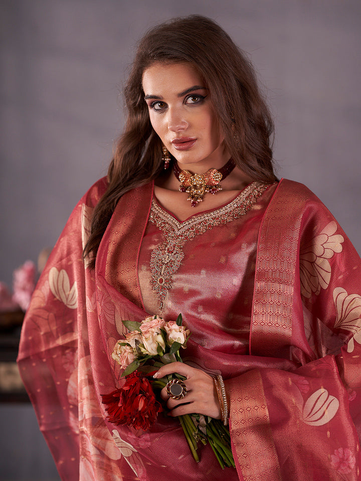 Maroon Embroidered Art Silk Kurta With Pant &amp; Dupatta