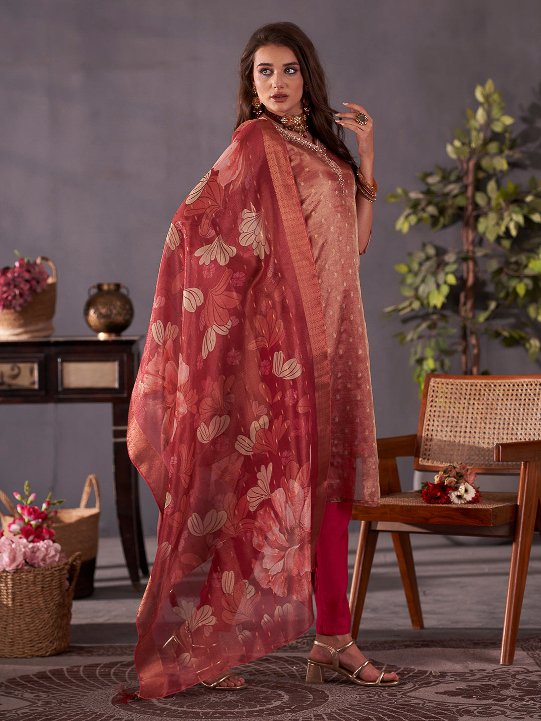 Maroon Embroidered Art Silk Kurta With Pant &amp; Dupatta