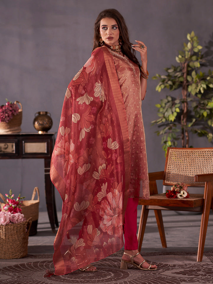 Maroon Embroidered Art Silk Kurta With Pant &amp; Dupatta