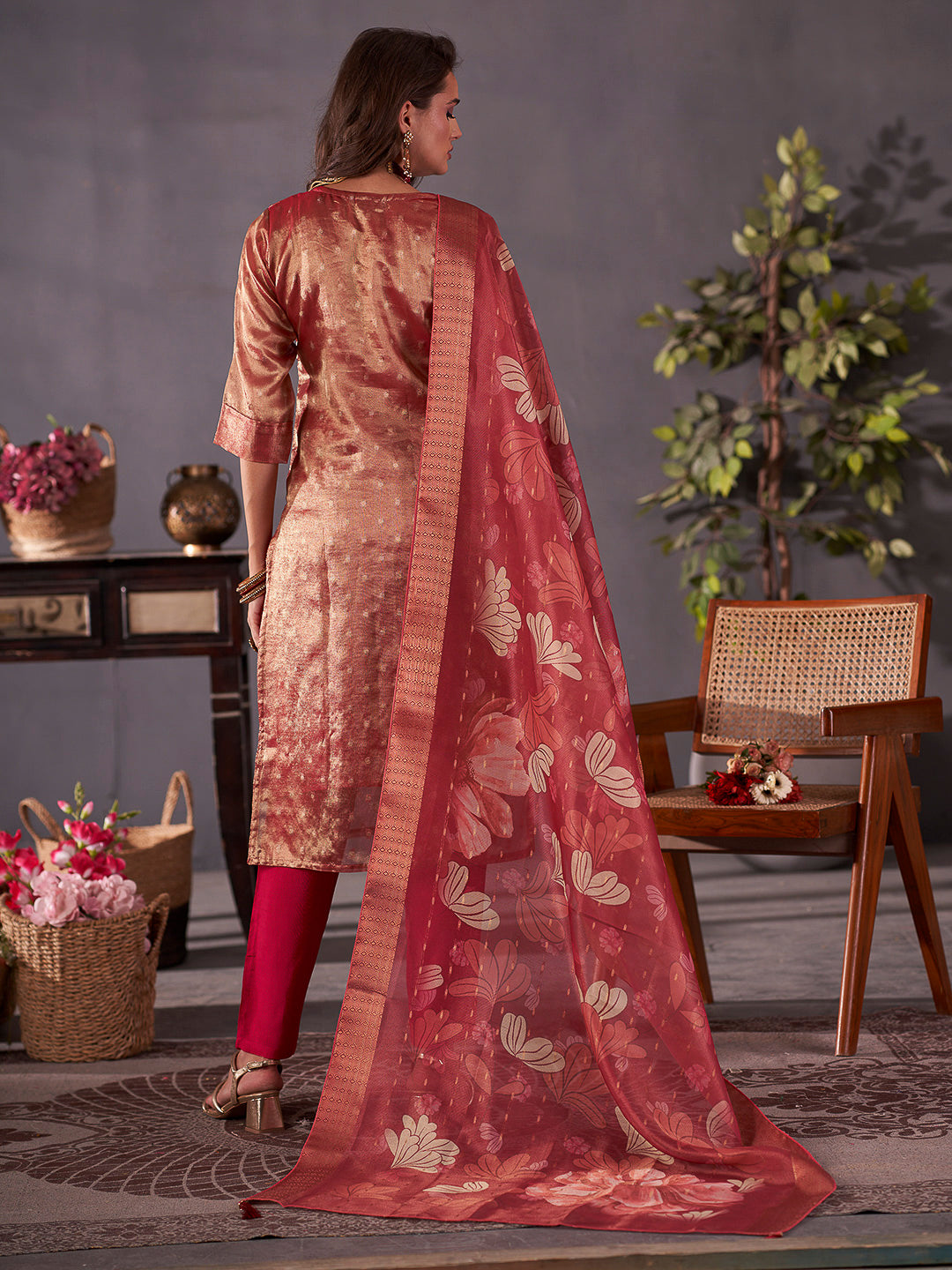 Maroon Embroidered Art Silk Kurta With Pant &amp; Dupatta