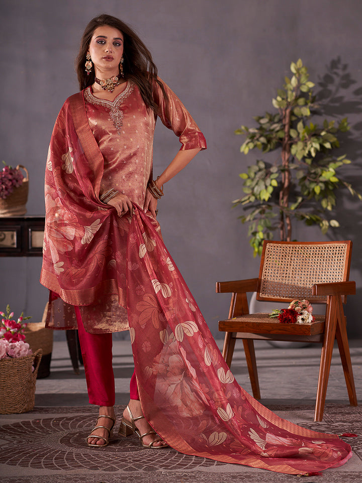Maroon Embroidered Art Silk Kurta With Pant &amp; Dupatta
