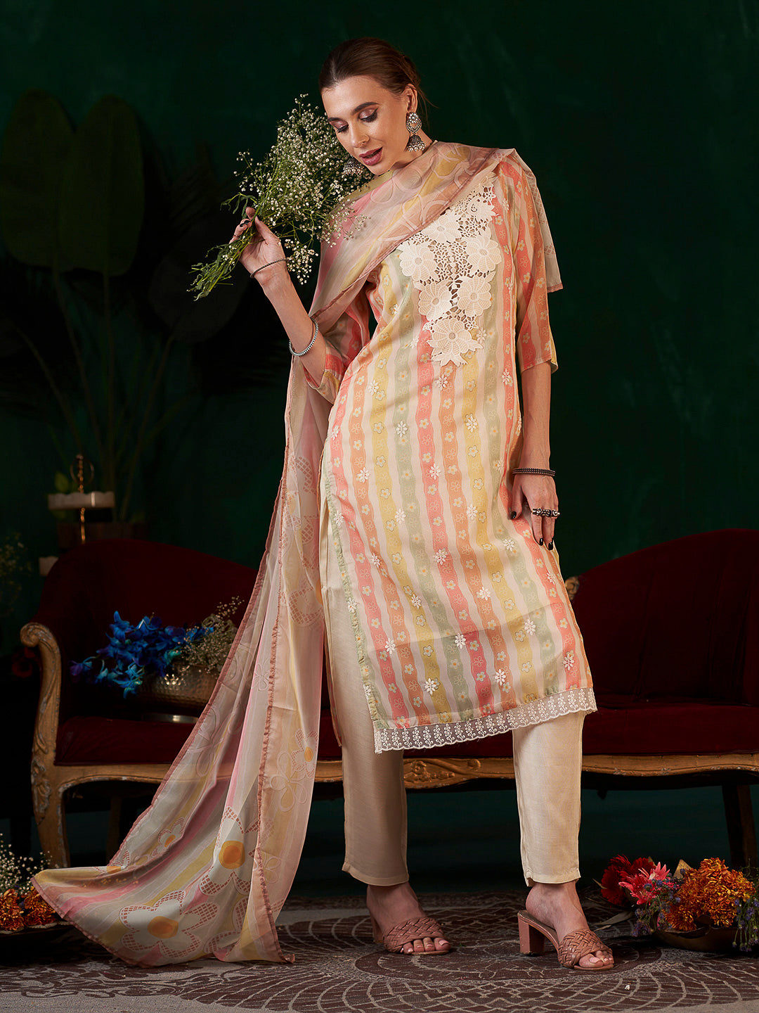 Multi-Colored Embroidered Organza Kurta With Pant &amp; Dupatta