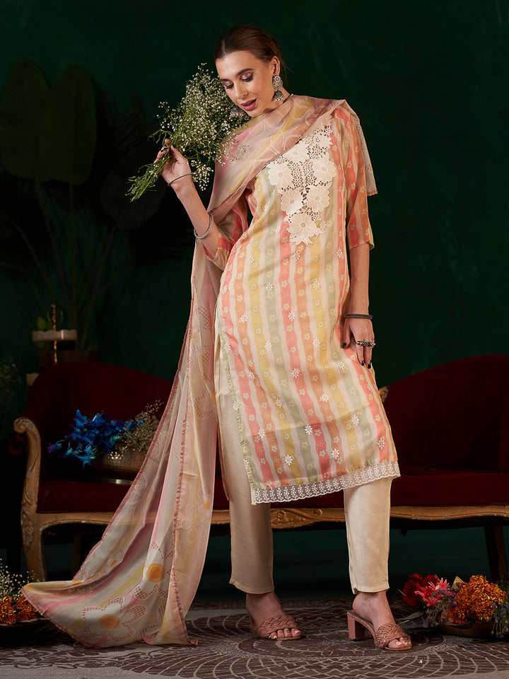 Multi-Colored Embroidered Organza Kurta With Pant &amp; Dupatta