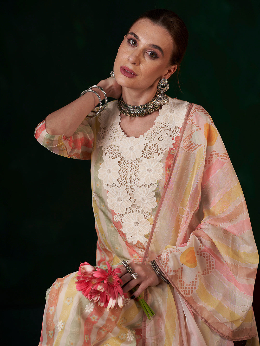 Multi-Colored Embroidered Organza Kurta With Pant &amp; Dupatta