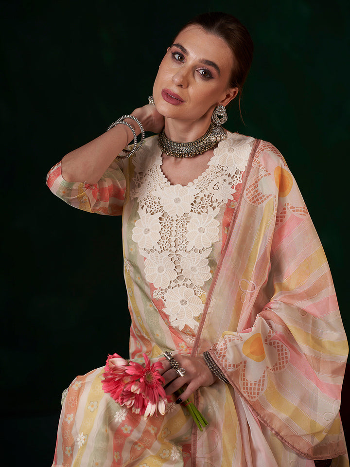 Multi-Colored Embroidered Organza Kurta With Pant &amp; Dupatta