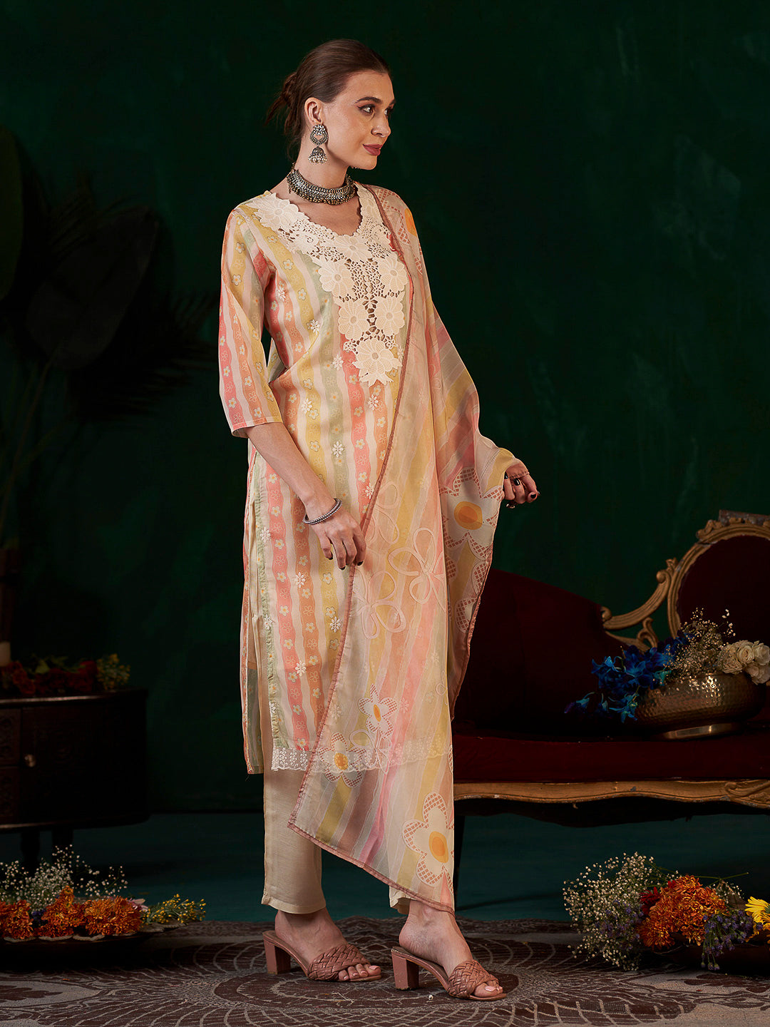 Multi-Colored Embroidered Organza Kurta With Pant &amp; Dupatta