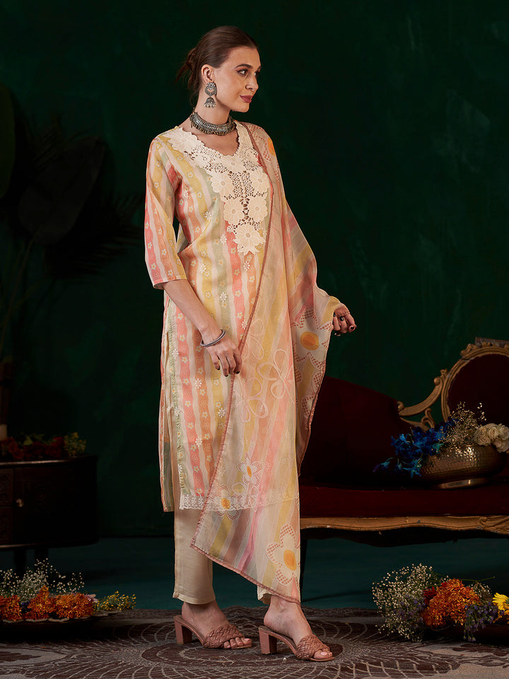 Multi-Colored Embroidered Organza Kurta With Pant &amp; Dupatta