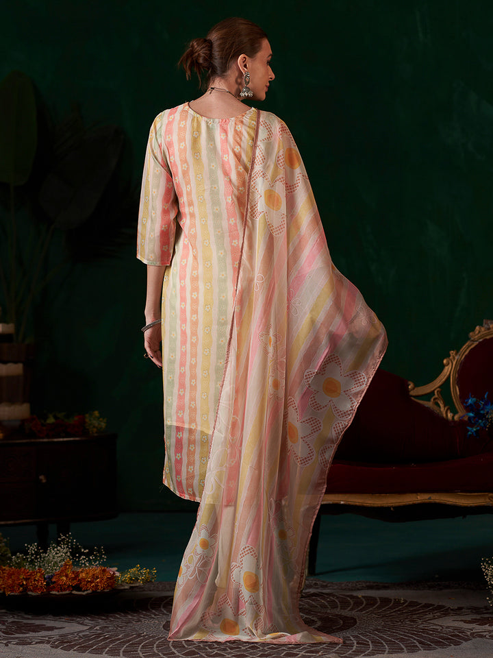 Multi-Colored Embroidered Organza Kurta With Pant &amp; Dupatta