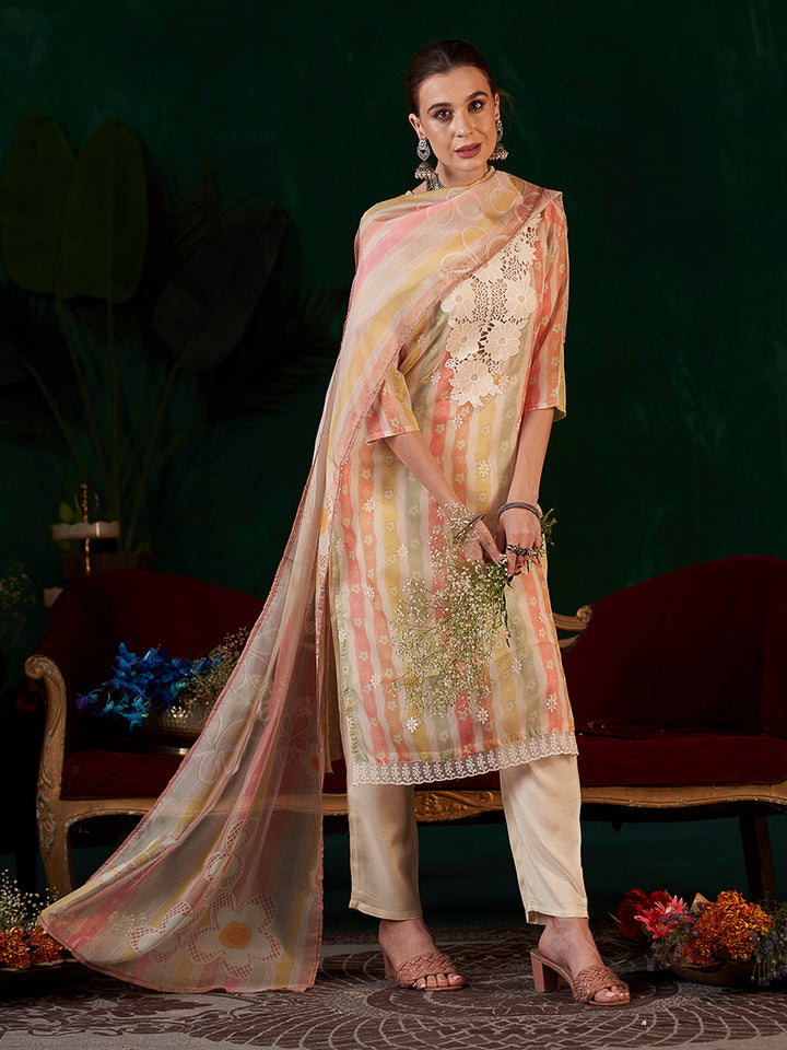 Multi-Colored Embroidered Organza Kurta With Pant &amp; Dupatta