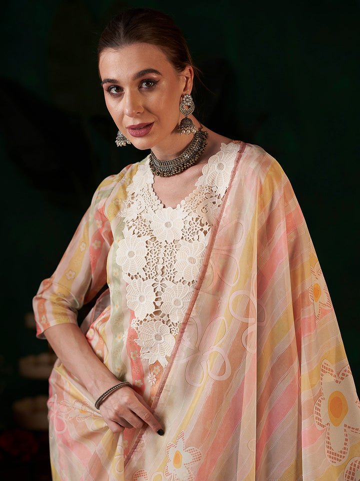 Multi-Colored Embroidered Organza Kurta With Pant &amp; Dupatta