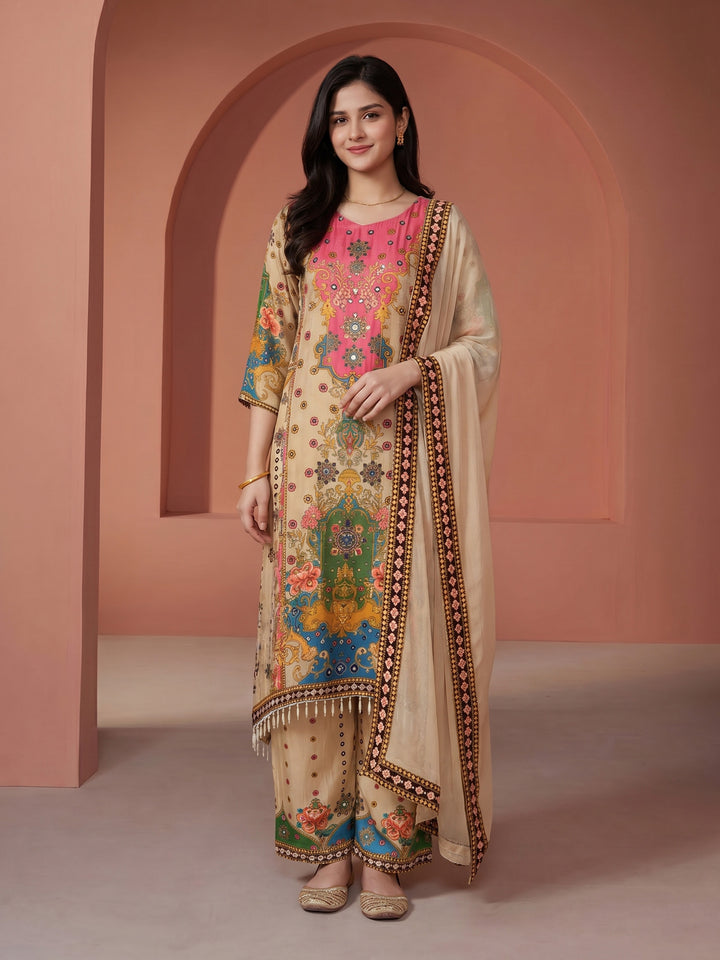 Beige Printed Crepe Round Neck Suit Set
