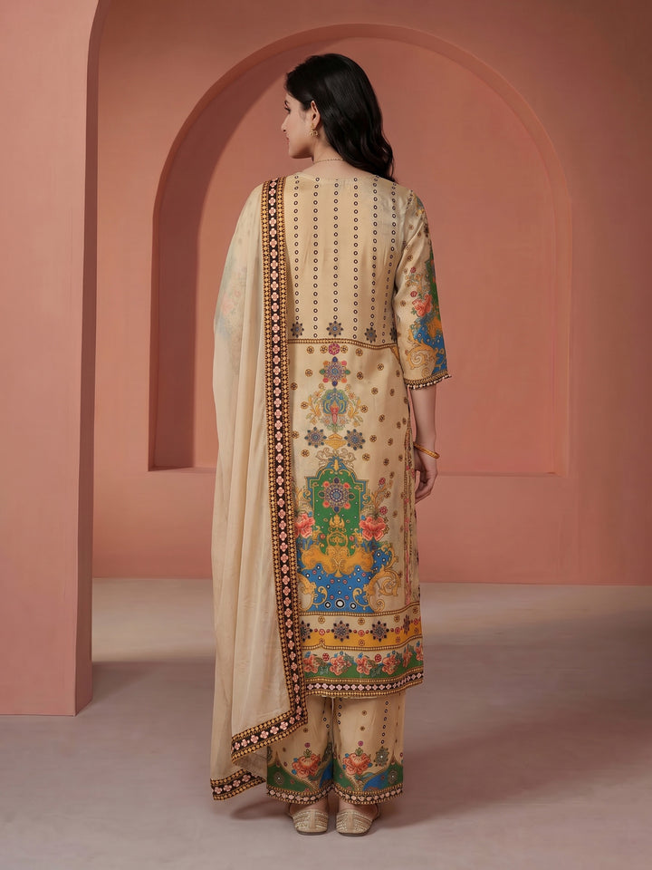 Beige Printed Crepe Round Neck Suit Set