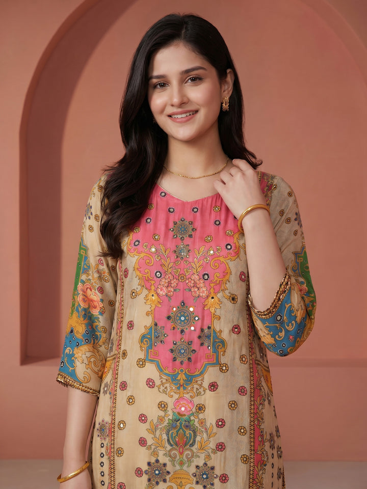 Beige Printed Crepe Round Neck Suit Set