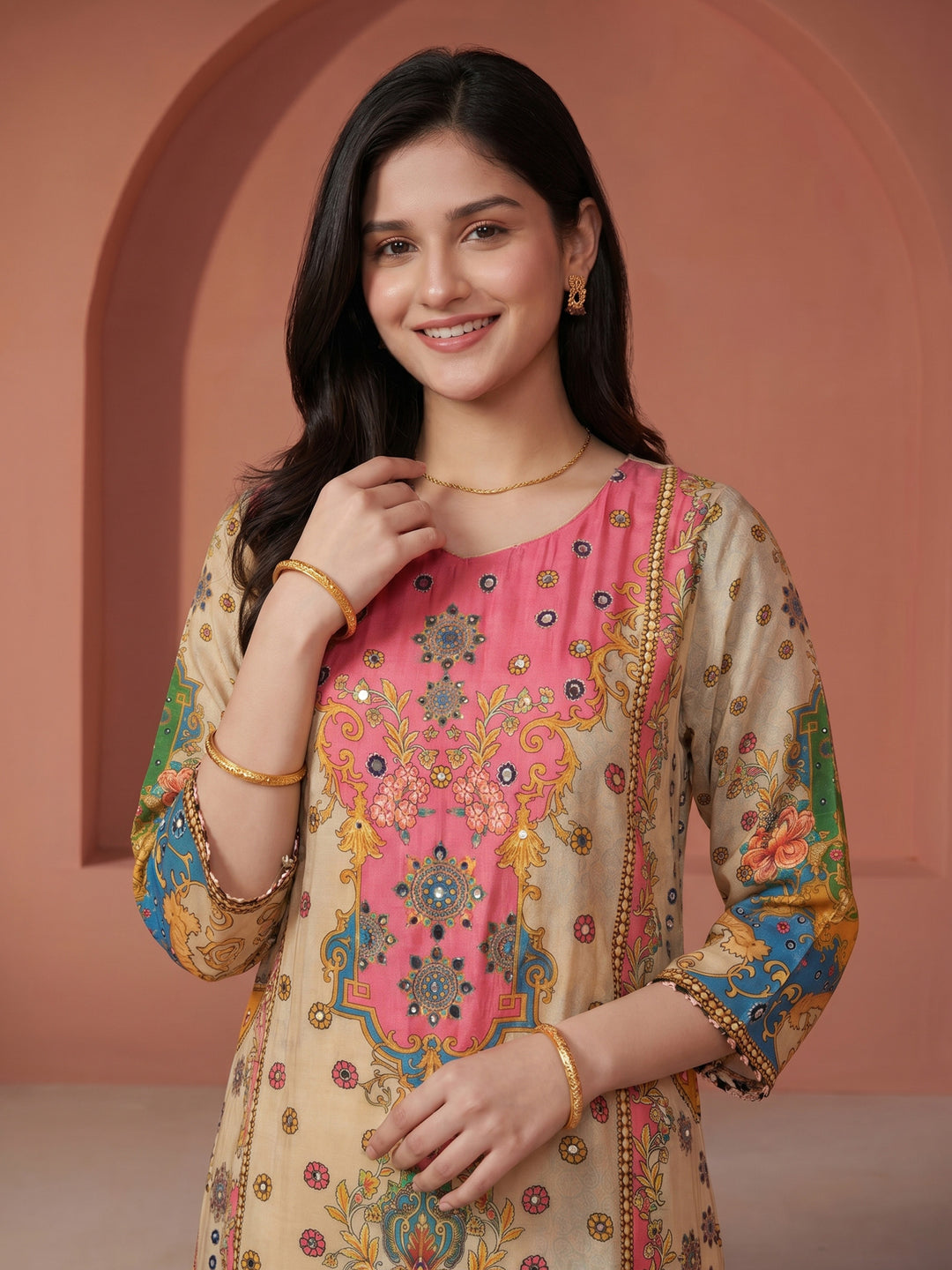 Beige Printed Crepe Round Neck Suit Set
