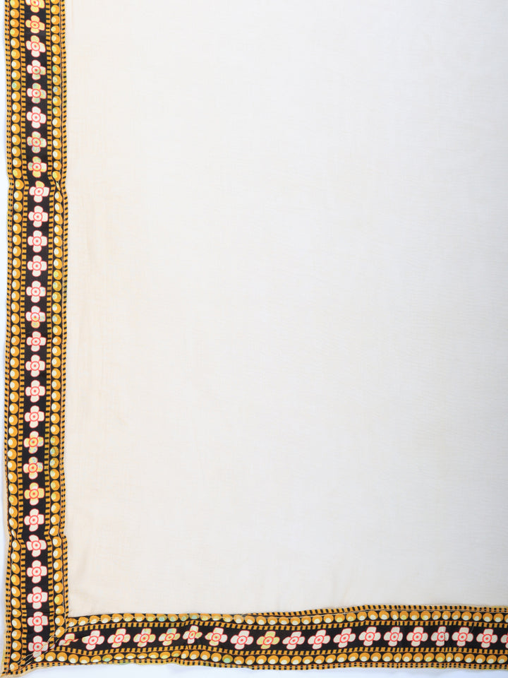 Beige Printed Crepe Round Neck Suit Set