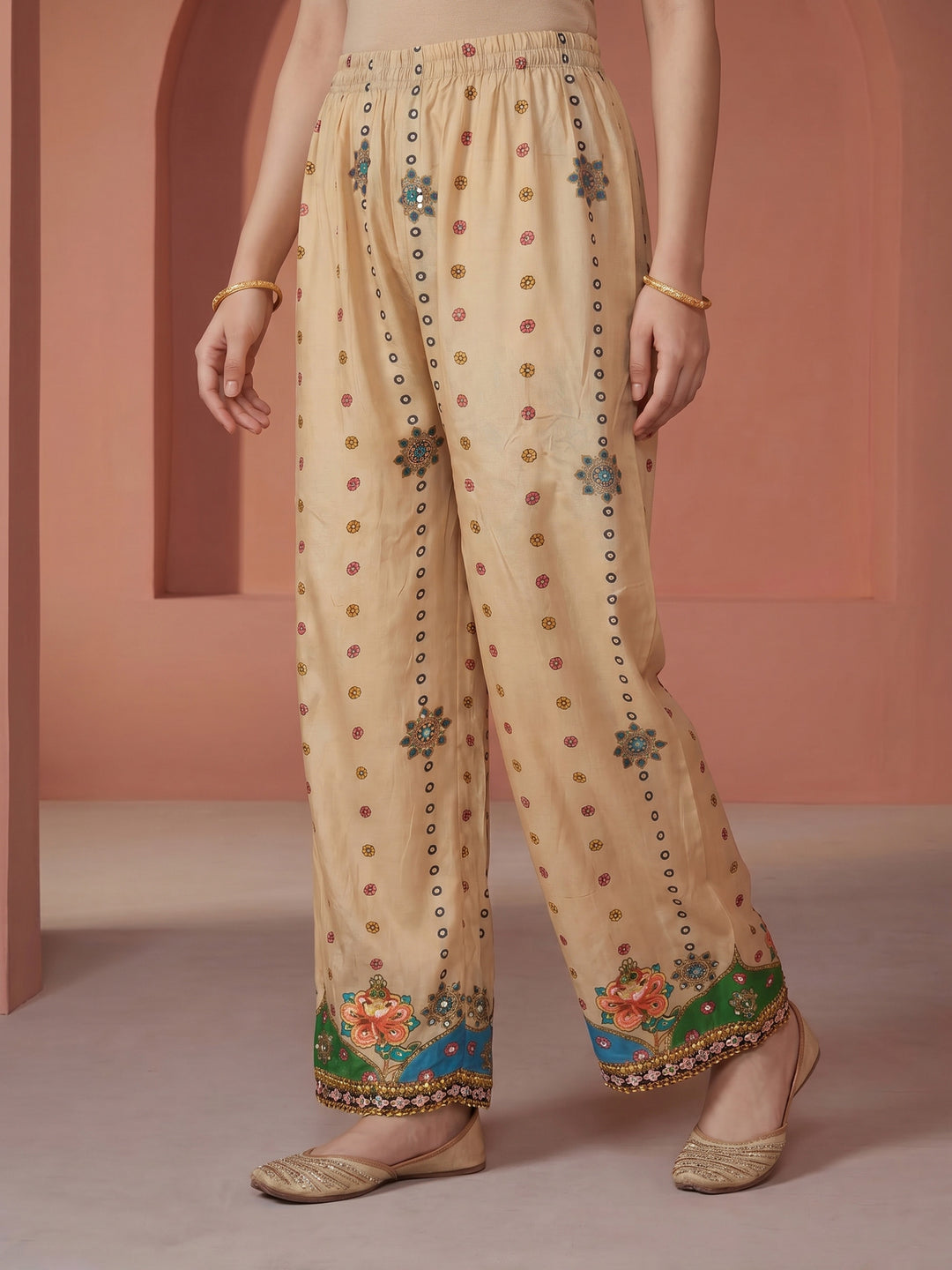 Beige Printed Crepe Round Neck Suit Set