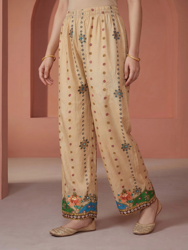 Beige Printed Crepe Round Neck Suit Set
