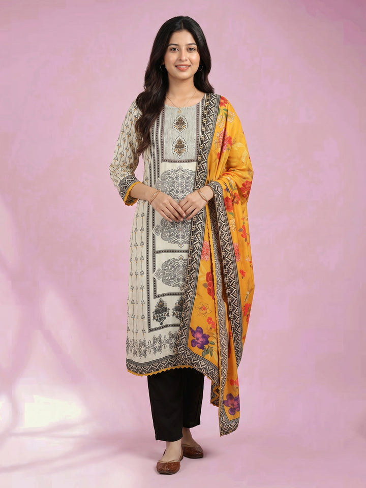 Cream Black Printed Cotton Blend Round Neck Suit Set