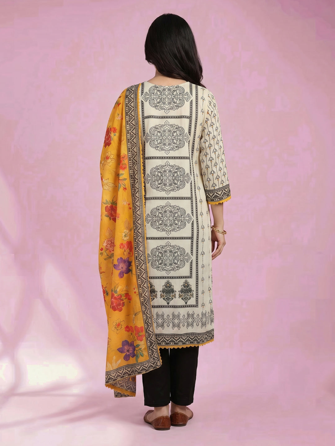 Cream Black Printed Cotton Blend Round Neck Suit Set